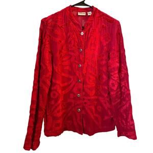 Chico's Velvet Sheer Geometric mandarin collar red blouse top button down size s